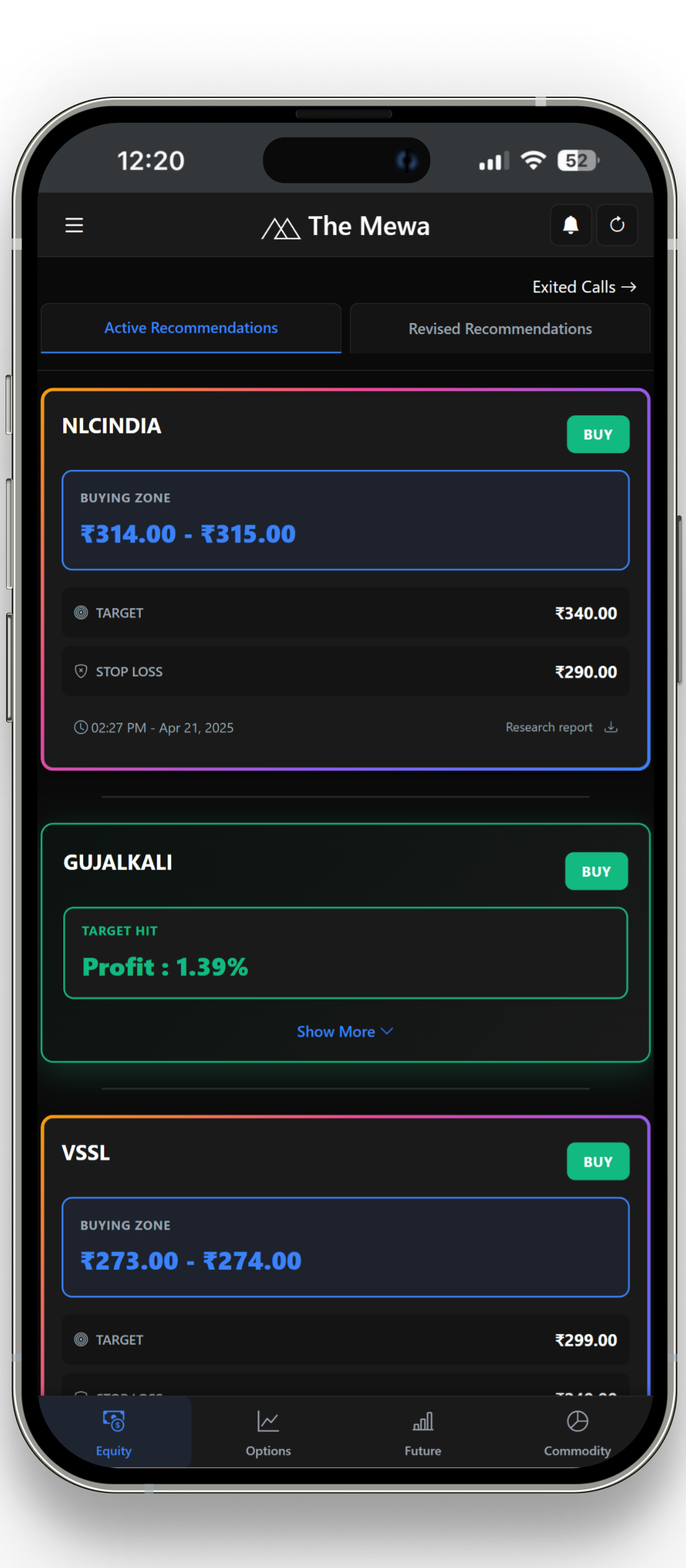 The MEWA mobile application displaying active and revised stock recommendations